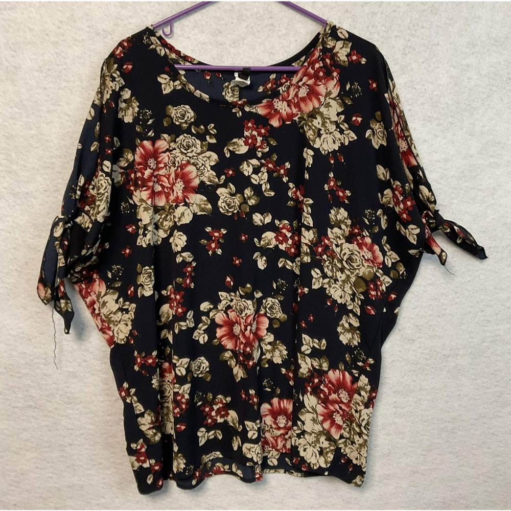 Banabee Shirt Womens 1X Navy Blue Floral Split Sleeve Tunic Blouse Top Boho VTG